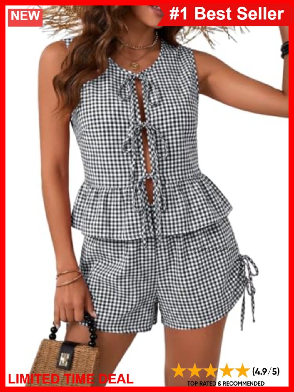 Cuptacc 2 Piece Short Set Sleeveless Tie Front Top Gingham Shorts